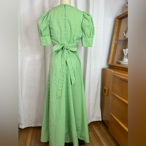 Vintage 70s Green Gingham Maxi Dress Puff Sleeves Medium - Picture 5 of 6